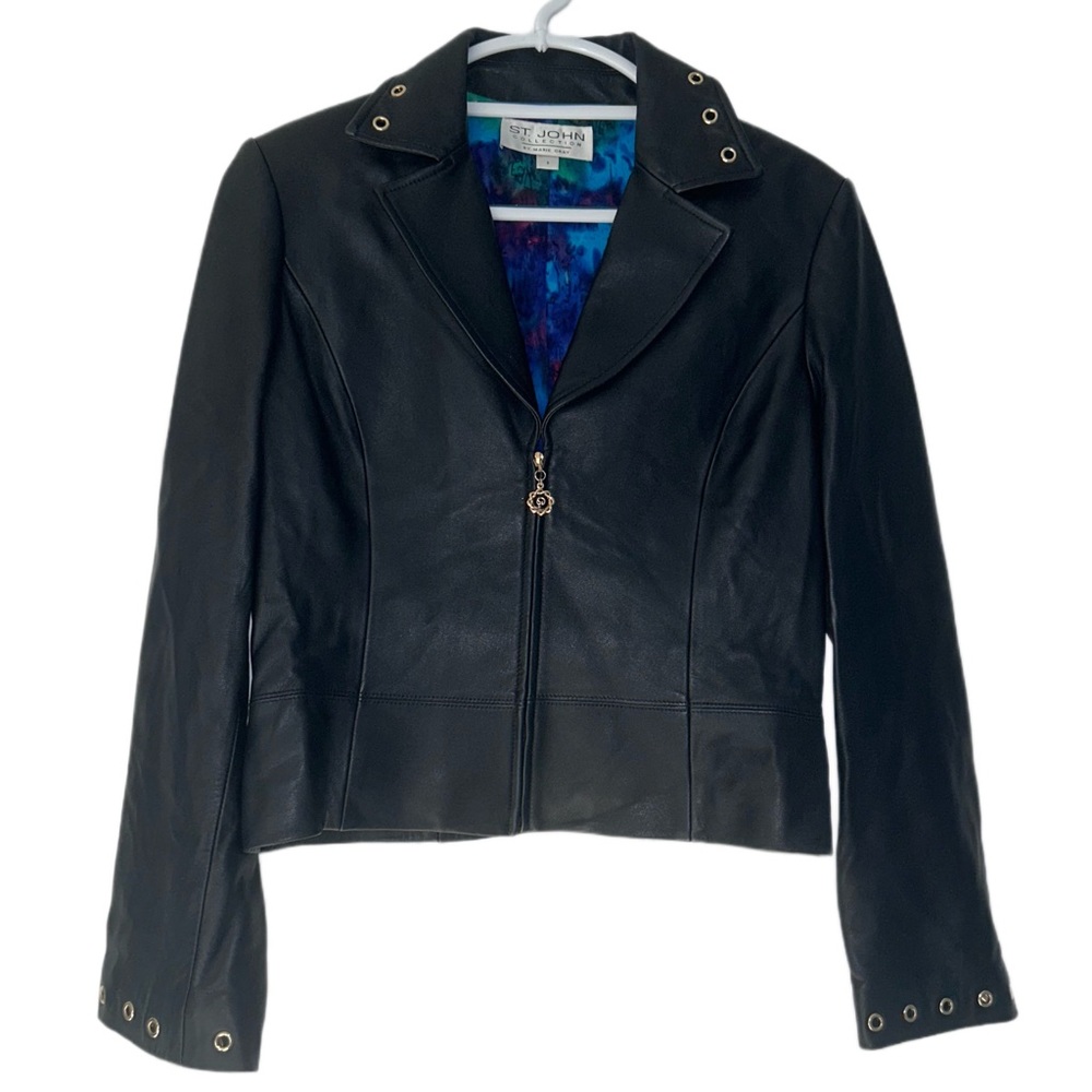 St. John Collection designer women’s black leather and silk jacket size 4